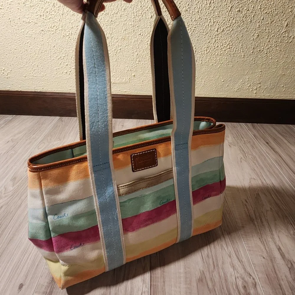 Coach Hampton Watercolors Striped Satchel Tote Bag Purse - Picture 3 of 13